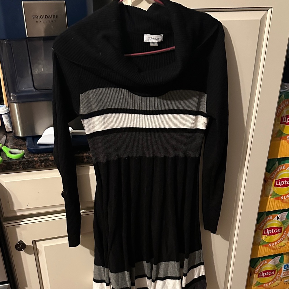 Calvin Klein Collection Black and Gray Striped Mini Dress